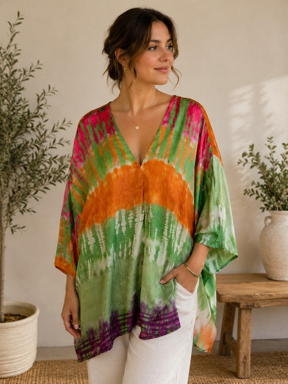 Silk Made In Aitaly Tie-Dye V-Neck Flowy Blouse in Green & Orange